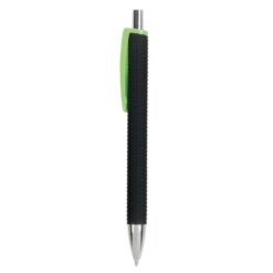 Plastic snap pen with tyre-effect rubberised black barrel and wide coloured clip