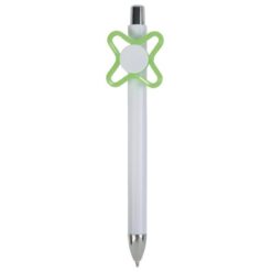 White plastic snap pen with coloured spinner. Centre of the spinner to be customised White plastic snap pen with coloured spinner. Centre of the spinner to be customised