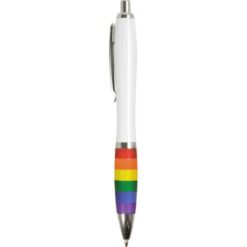 ABS plastic snap pen with white barrel, rainbow coloured grip and metal clip