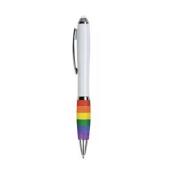 Plastic twist pen with white barrel, rainbow grip and touchscreen