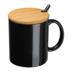 Ceramic mug with spoon and bamboo lid