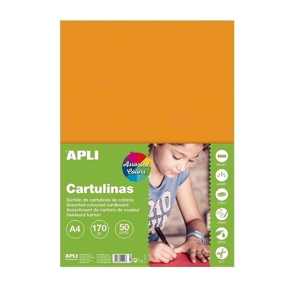 Carton colorat Apli, format A4, 50 file, 5 culori intense Carton colorat Apli, format A4, 50 file, 5 culori intense