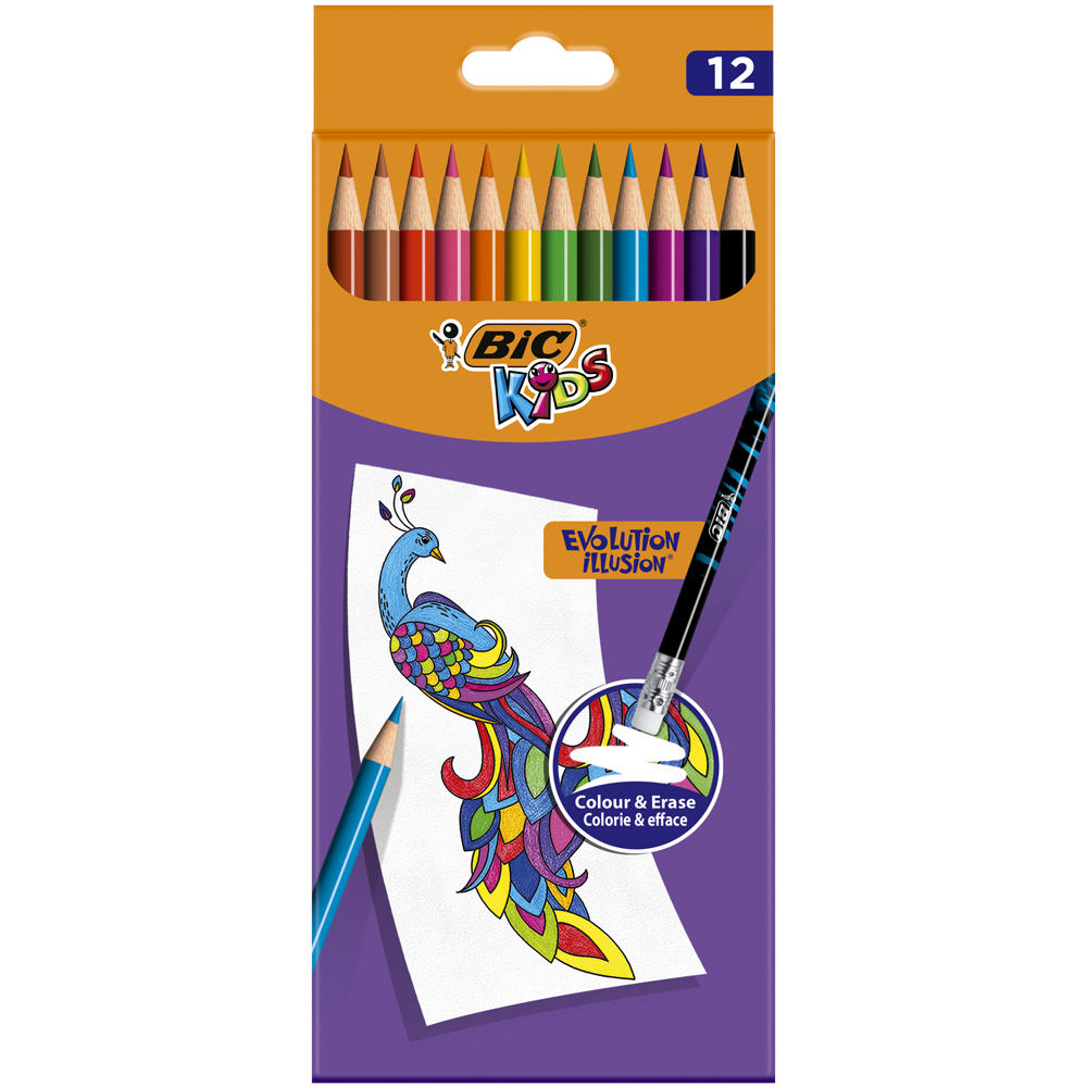 Creioane colorate Bic Evolution Illusion cu radiera, 12 culori/set Creioane colorate Bic Evolution Illusion cu radiera, 12 culori/set