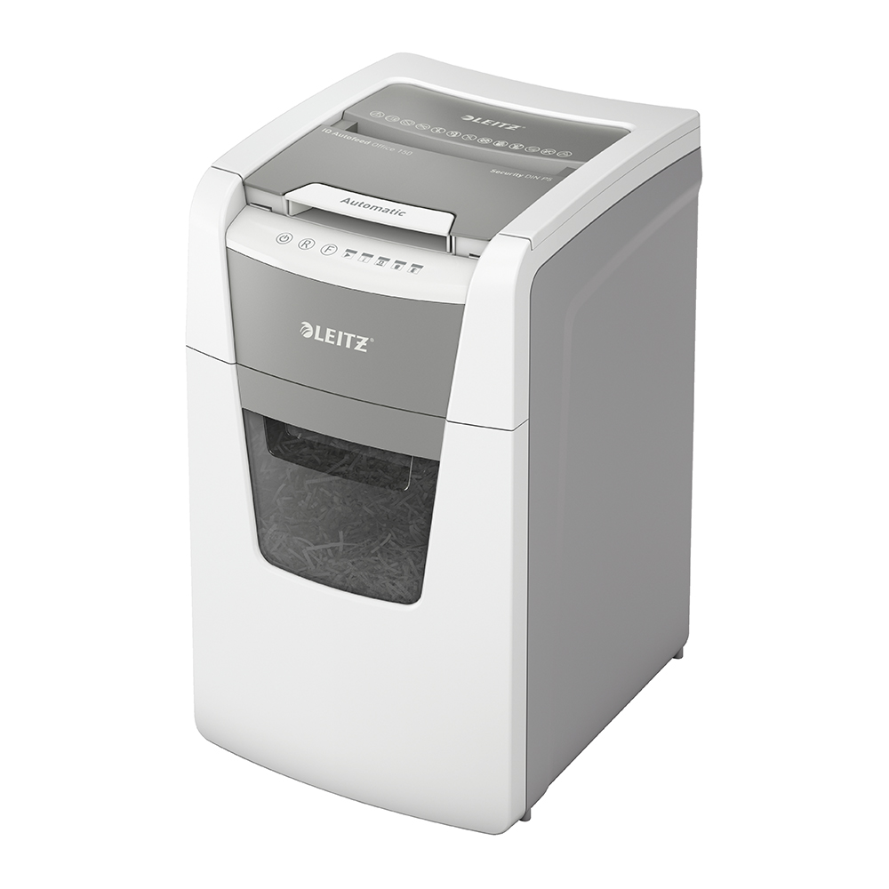 Distrugator documente automat Leitz IQ Office, P5, micro-cut (particule), 150 coli, cos 44l, alb-gri Distrugator documente automat Leitz IQ Office, P5, micro-cut (particule), 150 coli, cos 44l, alb-gri