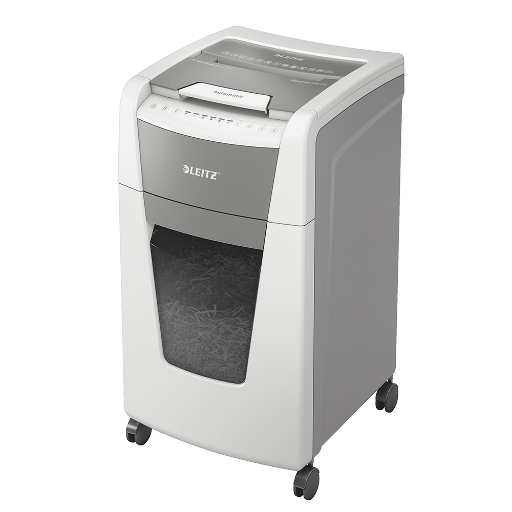 Distrugator documente automat Leitz IQ Office, P5, micro-cut (particule), 300 coli, cos 60l, alb-gri Distrugator documente automat Leitz IQ Office, P5, micro-cut (particule), 300 coli, cos 60l, alb-gri