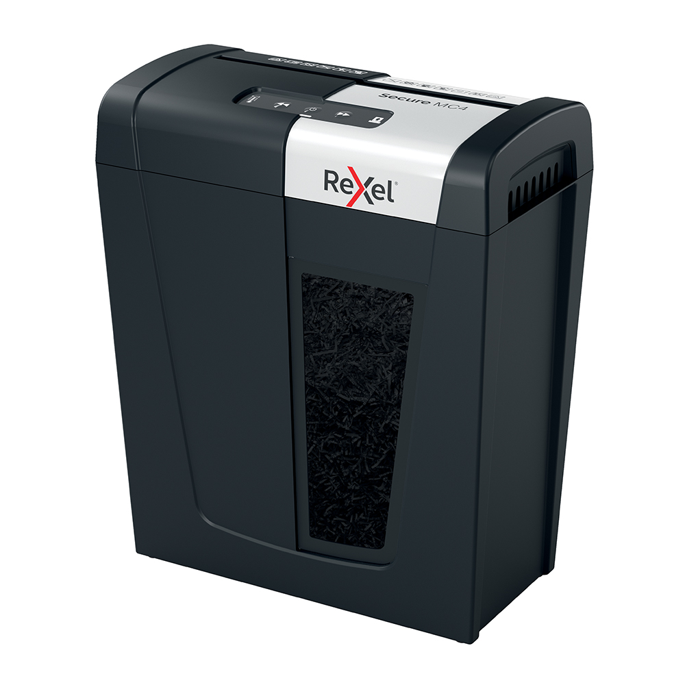 Distrugator documente manual REXEL SECURE MC4, P5, micro-cut (particule), 4 coli, 14l, negru-argintiu Distrugator documente manual REXEL SECURE MC4, P5, micro-cut (particule), 4 coli, 14l, negru-argintiu