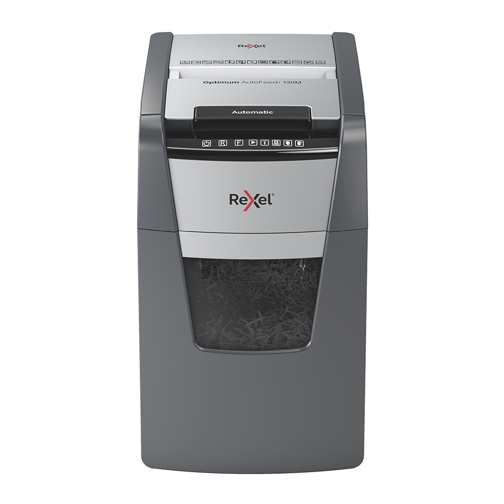 Distrugator documente automat REXEL OPTIMUM 130M, P5, micro-cut (particule), 130 coli, cos 44l, negru-gri Distrugator documente automat REXEL OPTIMUM 130M, P5, micro-cut (particule), 130 coli, cos 44l, negru-gri