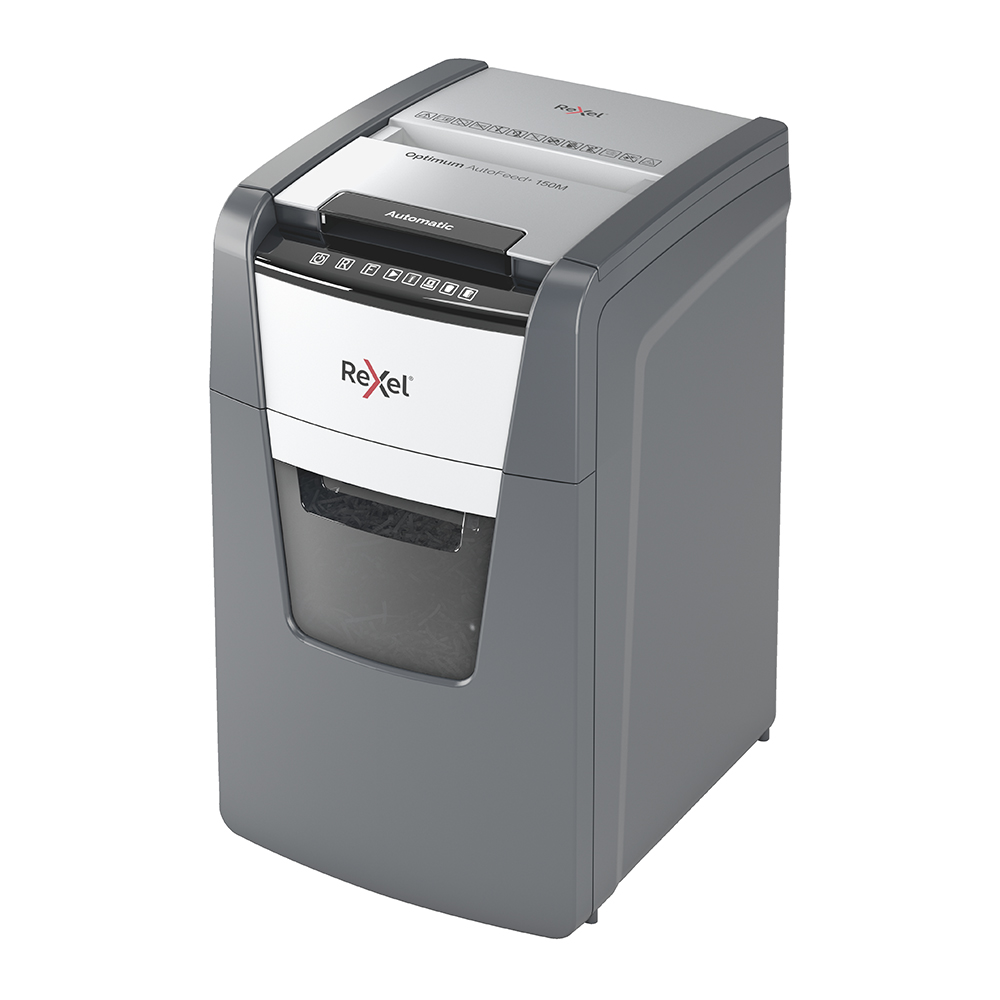 Distrugator documente automat REXEL OPTIMUM 150M, P4, micro-cut (particule), 150 coli, cos 44l, negru-gri Distrugator documente automat REXEL OPTIMUM 150M, P4, micro-cut (particule), 150 coli, cos 44l, negru-gri