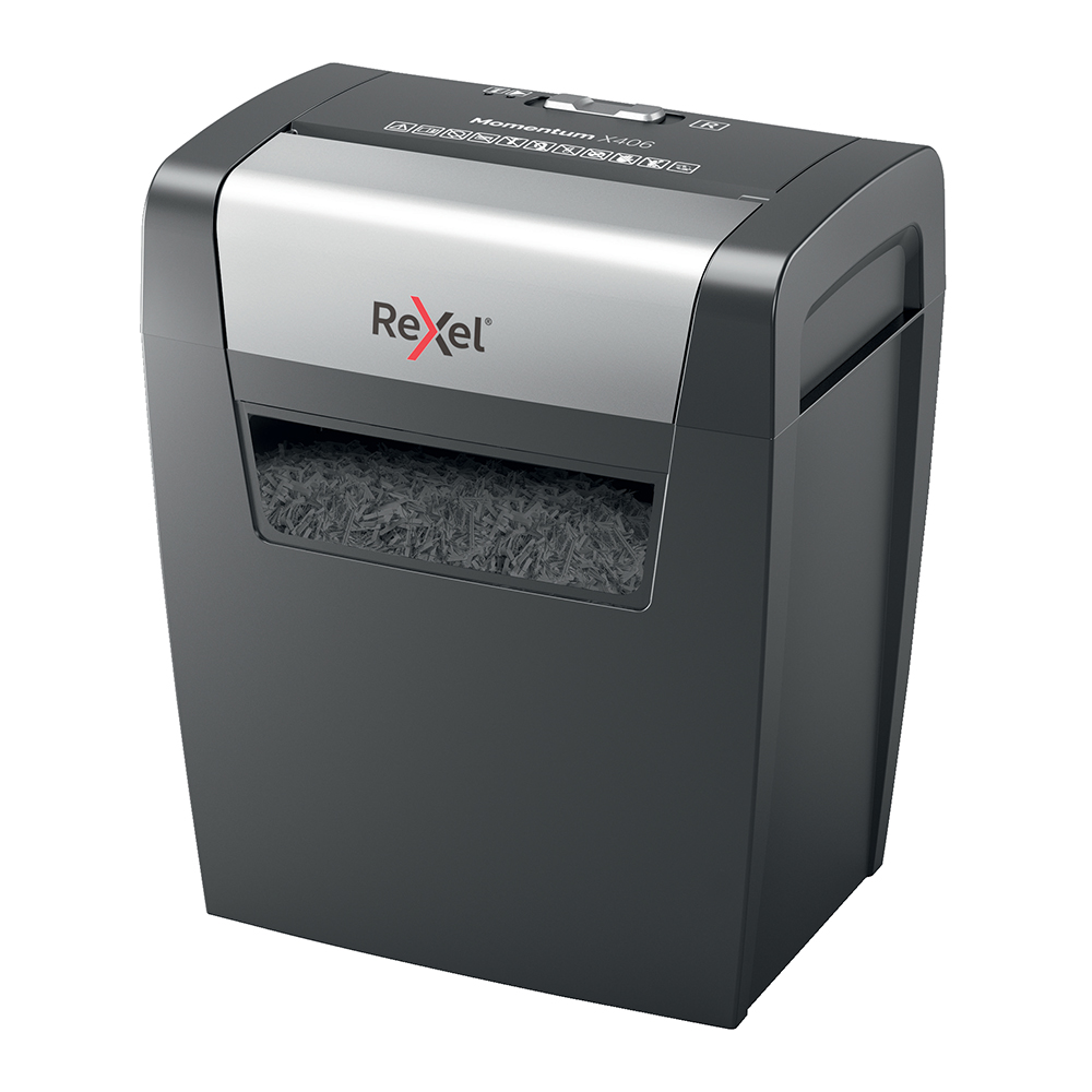 Distrugator documente manual REXEL MOMENTUM X406, P4, cross-cut (confeti), 6 coli, cos 15l, negru Distrugator documente manual REXEL MOMENTUM X406, P4, cross-cut (confeti), 6 coli, cos 15l, negru