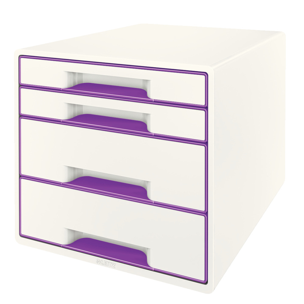 Cabinet cu sertare Leitz WOW, 4 sertare, PS, A4, cu tavita organizare, culori duale, alb-mov Cabinet cu sertare Leitz WOW, 4 sertare, PS, A4, cu tavita organizare, culori duale, alb-mov