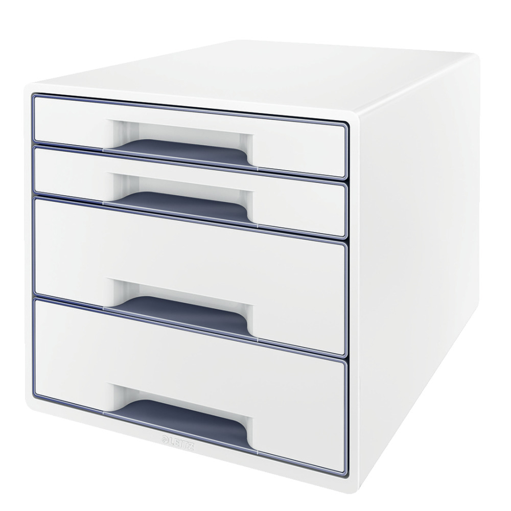 Cabinet cu sertare Leitz WOW, 4 sertare, PS, A4, cu tavita organizare, culori duale, alb-gri Cabinet cu sertare Leitz WOW, 4 sertare, PS, A4, cu tavita organizare, culori duale, alb-gri