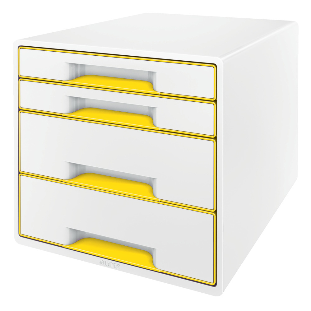 Cabinet cu sertare Leitz WOW, 4 sertare, PS, A4, cu tavita organizare, culori duale, alb-galben Cabinet cu sertare Leitz WOW, 4 sertare, PS, A4, cu tavita organizare, culori duale, alb-galben