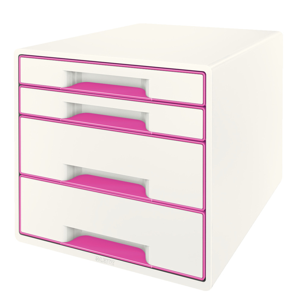 Cabinet cu sertare Leitz WOW, 4 sertare, PS, A4, cu tavita organizare, culori duale, alb-roz Cabinet cu sertare Leitz WOW, 4 sertare, PS, A4, cu tavita organizare, culori duale, alb-roz