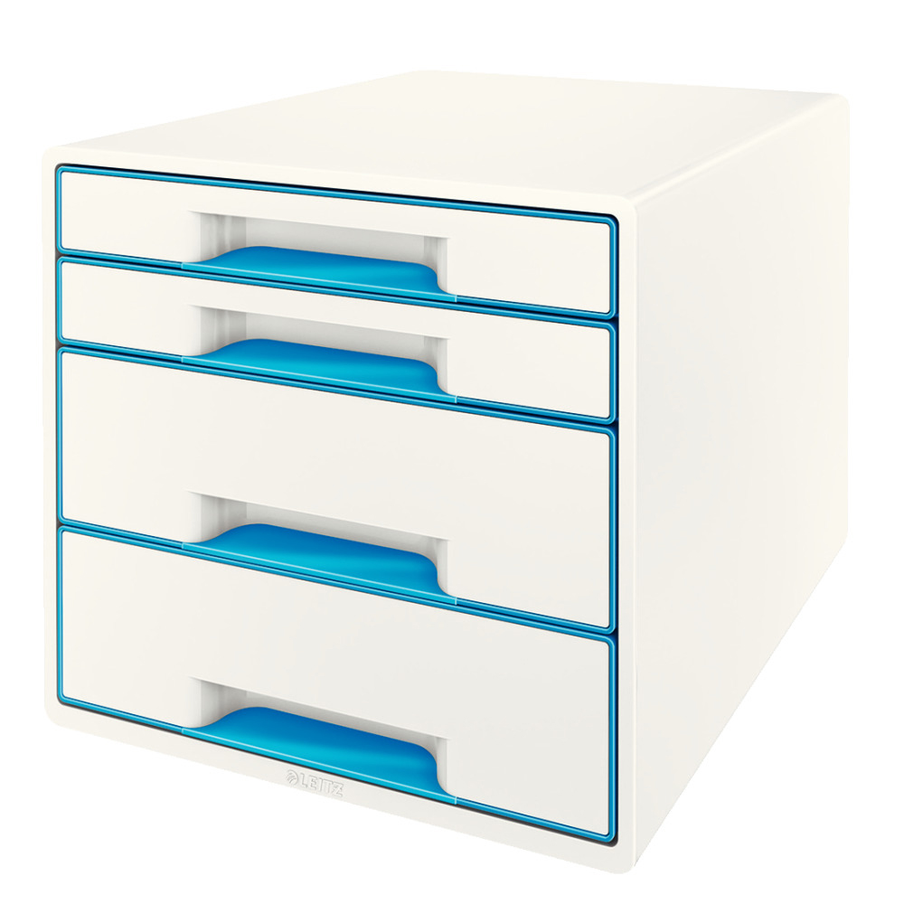 Cabinet cu sertare Leitz WOW, 4 sertare, PS, A4, cu tavita organizare, culori duale, alb-albastru Cabinet cu sertare Leitz WOW, 4 sertare, PS, A4, cu tavita organizare, culori duale, alb-albastru