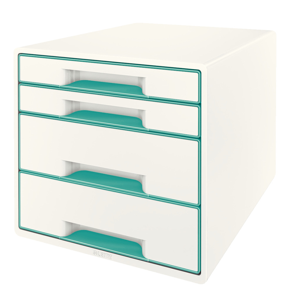 Cabinet cu sertare Leitz WOW, 4 sertare, PS, A4, cu tavita organizare, culori duale, alb-turcoaz Cabinet cu sertare Leitz WOW, 4 sertare, PS, A4, cu tavita organizare, culori duale, alb-turcoaz