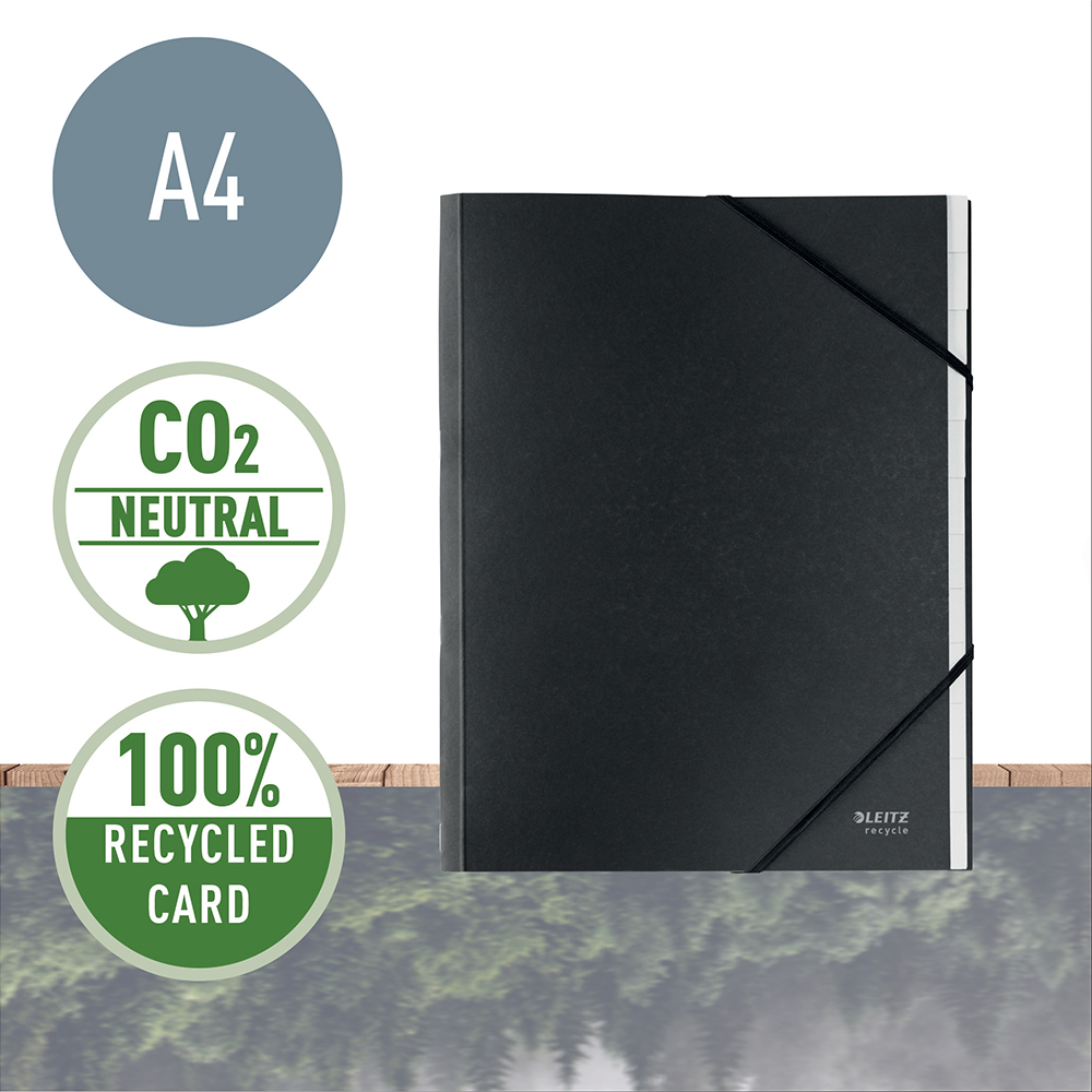 Mapa cu separatoare Leitz Recycle, carton reciclat, A4, 12 separatoare, negru Mapa cu separatoare Leitz Recycle, carton reciclat, A4, 12 separatoare, negru