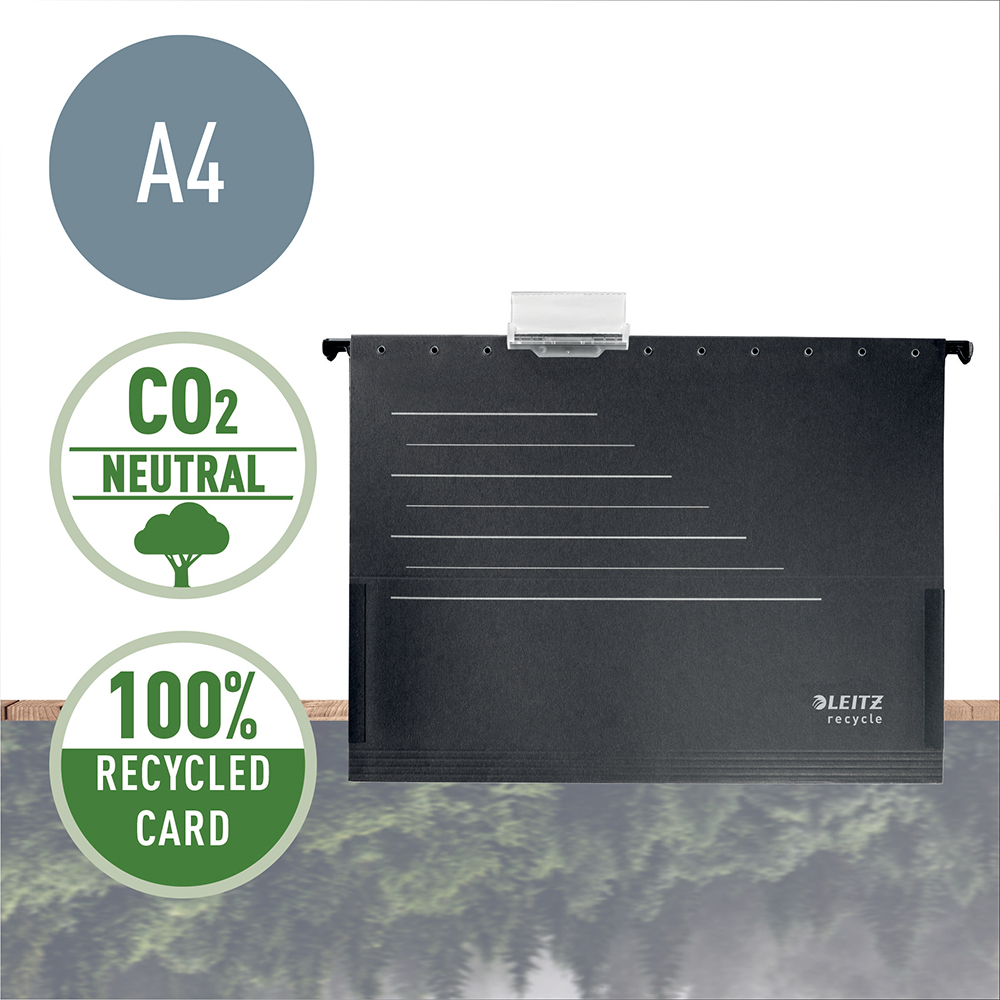 Dosar suspendabil Leitz Alpha Recycle, carton reciclat, A4, cu burduf, negru Dosar suspendabil Leitz Alpha Recycle, carton reciclat, A4, cu burduf, negru