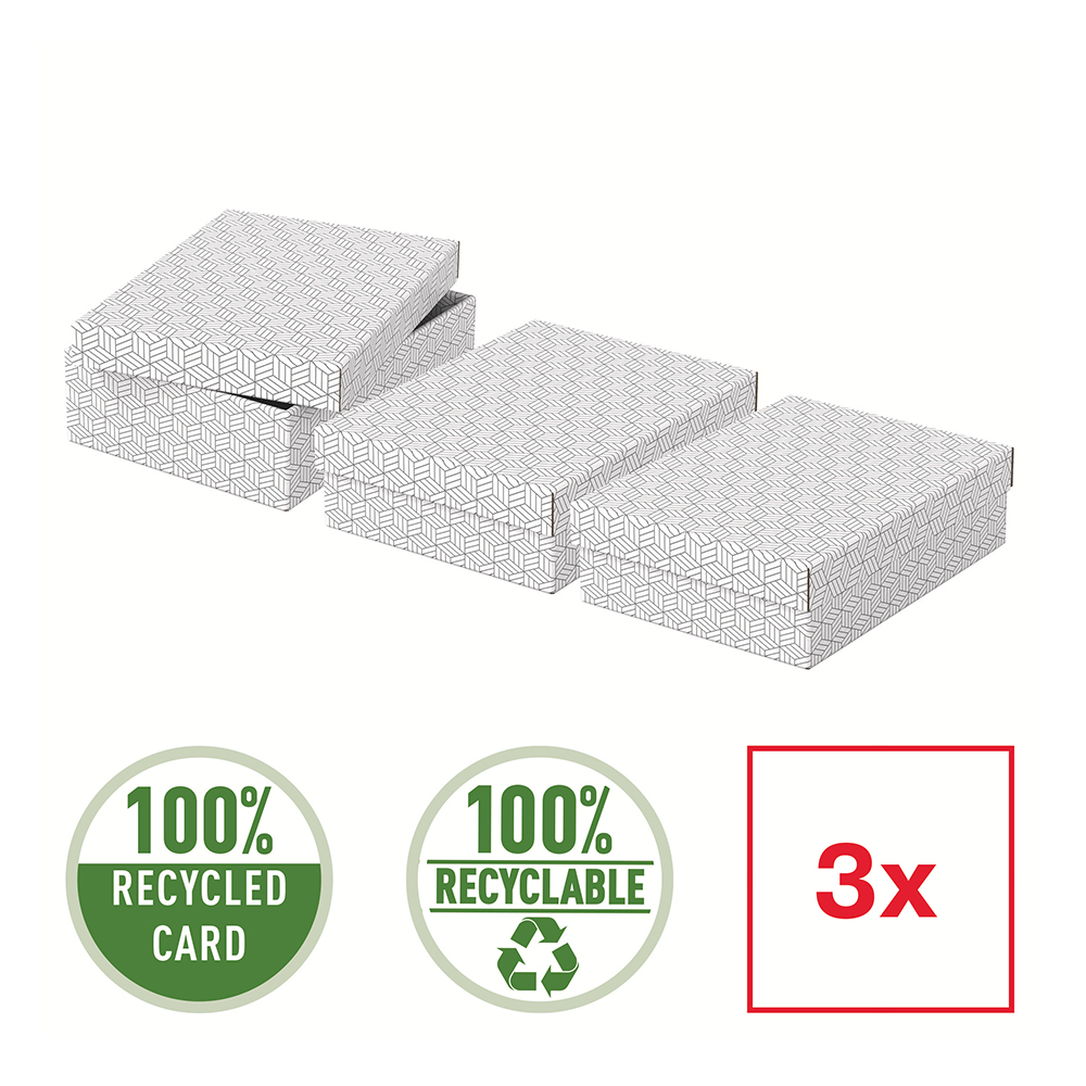 Cutie depozitare Esselte Home Recycled, carton reciclat si reciclabil, 360x265x100 mm, cu capac, 3 bucati/set, alb Cutie depozitare Esselte Home Recycled, carton reciclat si reciclabil, 360x265x100 mm, cu capac, 3 bucati/set, alb