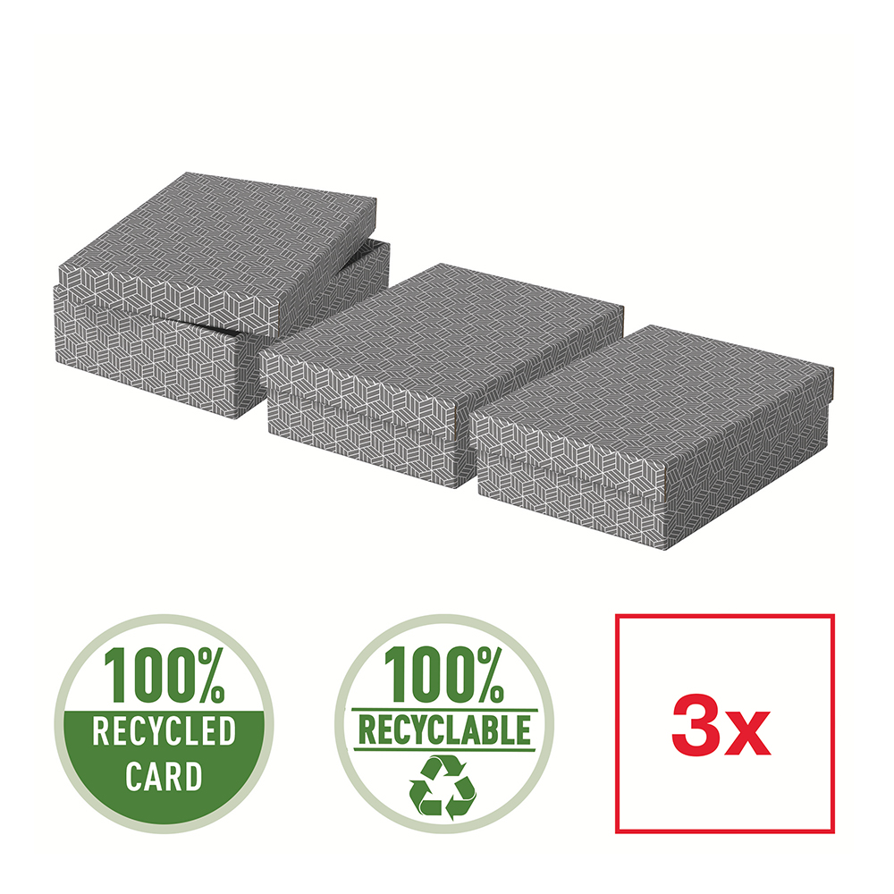 Cutie depozitare Esselte Home Recycled, carton reciclat si reciclabil, 360x265x100 mm, cu capac, 3 bucati/set, gri Cutie depozitare Esselte Home Recycled, carton reciclat si reciclabil, 360x265x100 mm, cu capac, 3 bucati/set, gri