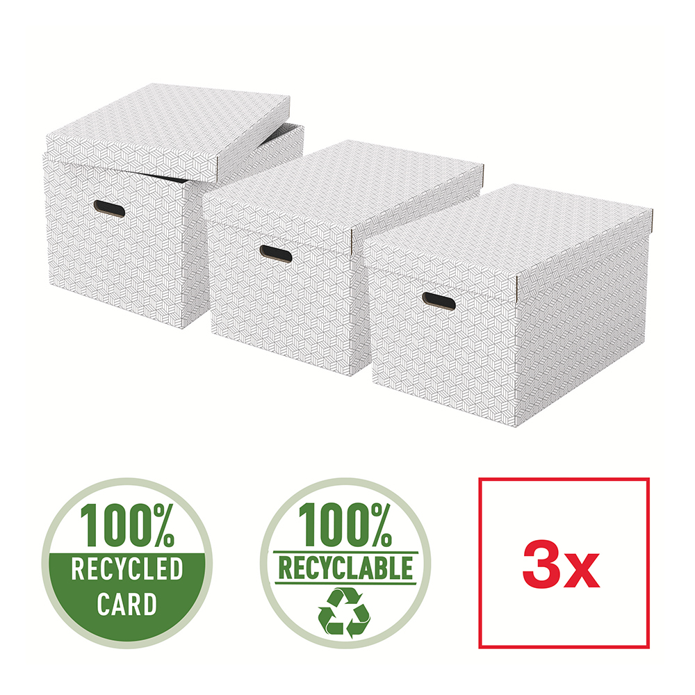 Cutie depozitare Esselte Home Recycled, carton reciclat si reciclabil, 510x355x305 mm, cu capac, 3 bucati/set, alb Cutie depozitare Esselte Home Recycled, carton reciclat si reciclabil, 510x355x305 mm, cu capac, 3 bucati/set, alb