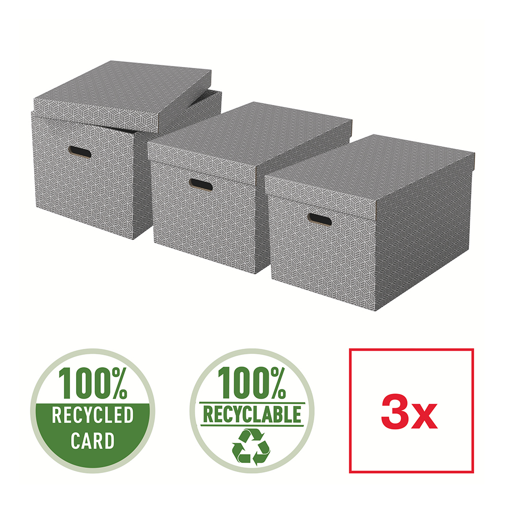 Cutie depozitare Esselte Home Recycled, carton reciclat si reciclabil, 510x355x305 mm, cu capac, 3 bucati/set, gri Cutie depozitare Esselte Home Recycled, carton reciclat si reciclabil, 510x355x305 mm, cu capac, 3 bucati/set, gri