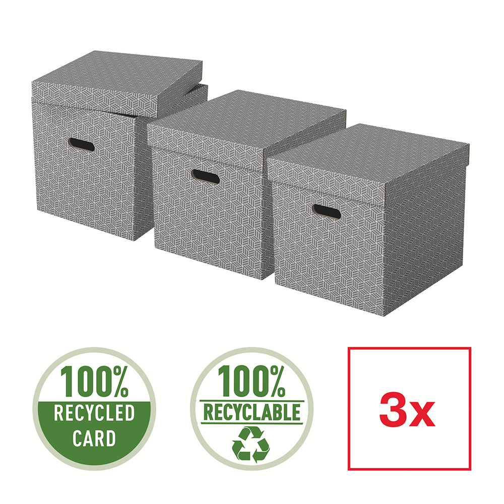 Cutie depozitare Esselte Home Recycled, carton reciclat si reciclabil, 365x320x315 mm, cu capac, 3 bucati/set, gri Cutie depozitare Esselte Home Recycled, carton reciclat si reciclabil, 365x320x315 mm, cu capac, 3 bucati/set, gri