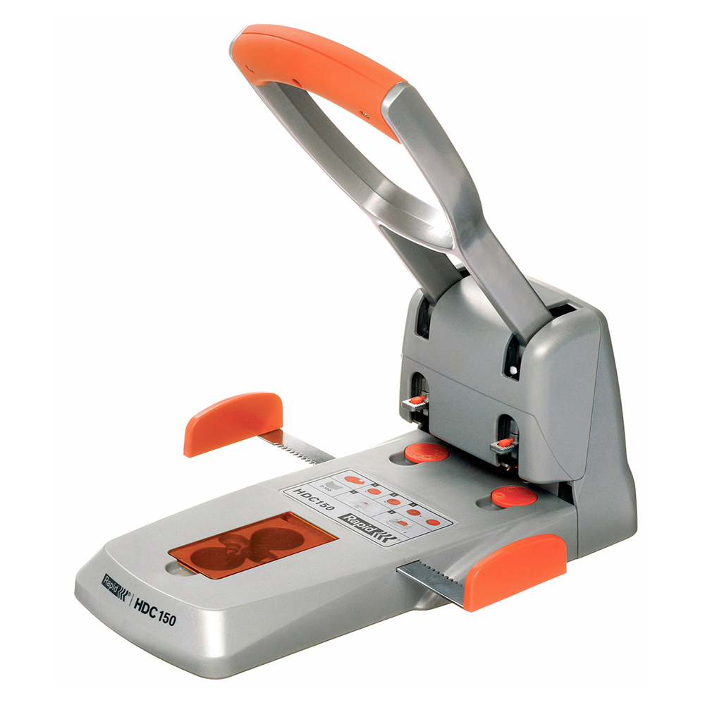 Perforator de mare capacitate Rapid Supreme HDC150, 2 perforatii, 150 coli, metalic, cutie, argintiu-portocaliu Perforator de mare capacitate Rapid Supreme HDC150, 2 perforatii, 150 coli, metalic, cutie, argintiu-portocaliu