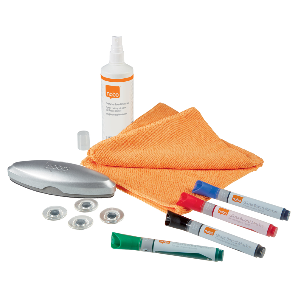 Kit pentru tabla NOBO din sticla, 4 markere, burete magnetic, laveta microfibra, spray curatare 250 ml, 4 magneti Kit pentru tabla NOBO din sticla, 4 markere, burete magnetic, laveta microfibra, spray curatare 250 ml, 4 magneti